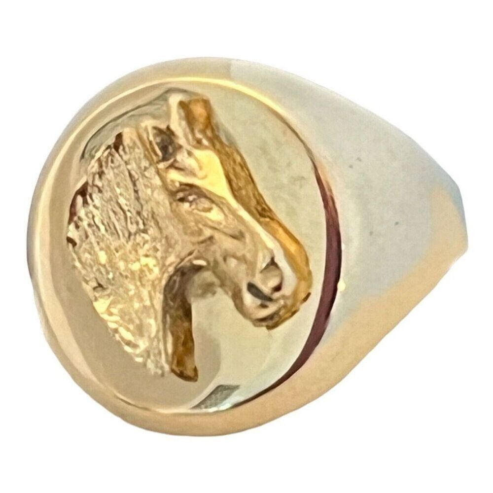 Vintage 1980s Horse Head Signet Ring Gold Tone Adjustable Equestrian - 2F